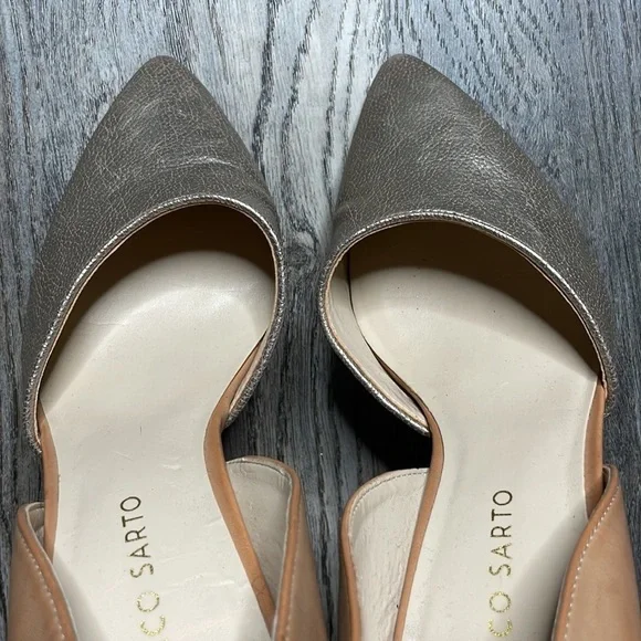 Franco Sarto Arrow Tan & Gold Metallic Leather D’Orsay High Heels, size 8 - Picture 6 of 8